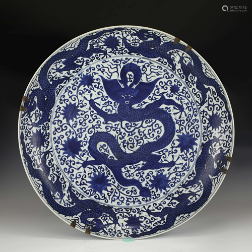 MING JIAJING BLUE & WHITE FIVE DRAGON CHARGER