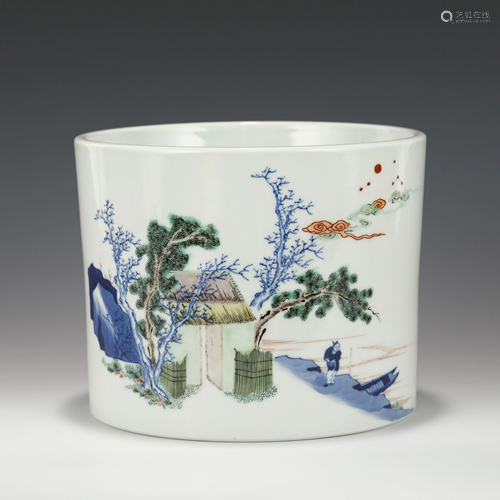 KANGXI WUCAI LANDSCAPE BRUSH POT