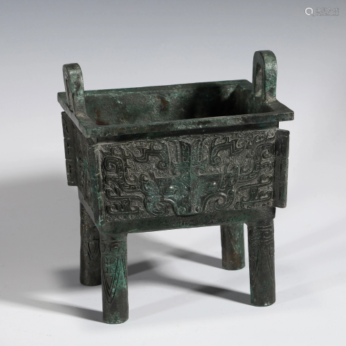 SHANG PATINATED BRONZE FANGDING CENSER