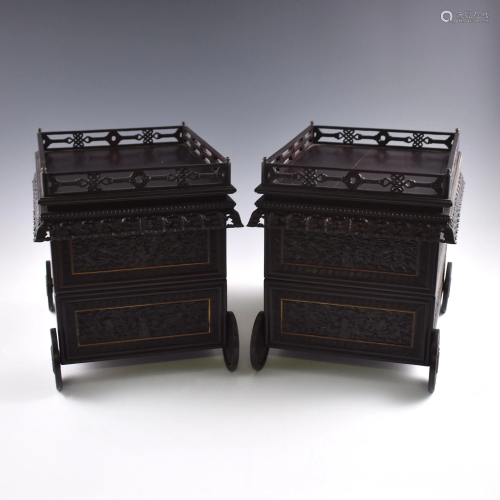 PAIR OF CHINESE ZITAN WEITUO INCENSE WHEEL CARTS