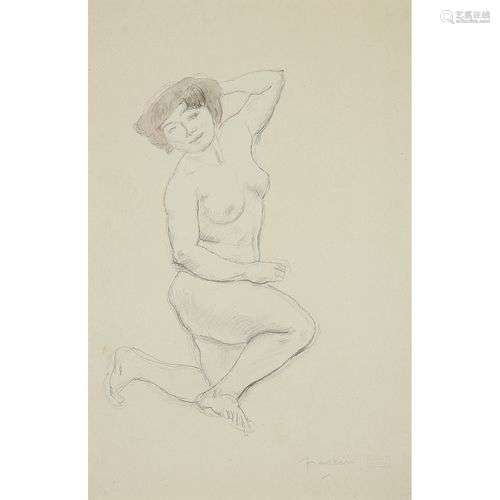 JULES PASCIN (1885-1930) NU FÉMININ ACCROUPI Crayon et aquar...