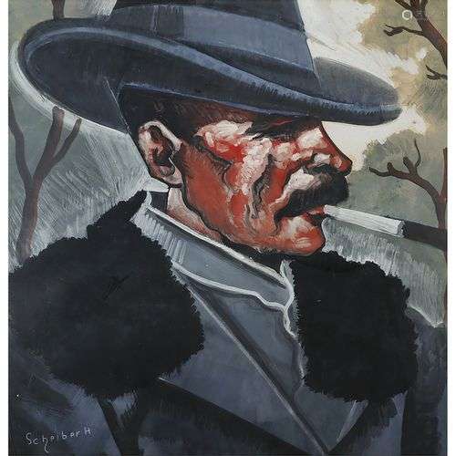 HUGÓ SCHEIBER (1873-1950) FUMEUR AU CHAPEAU DE PROFIL Techni...