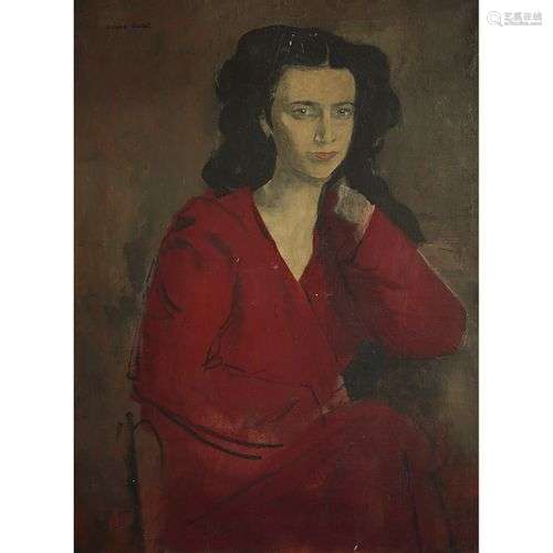 ROLAND OUDOT (1897-1981) PORTRAIT DE FEMME À LA ROBE ROUGE H...