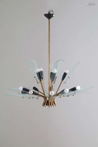 Brass and glass chandelier. Italy. 1950s