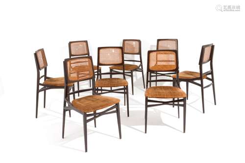 Eight wooden and velvet chairs. DASSI. 1950s