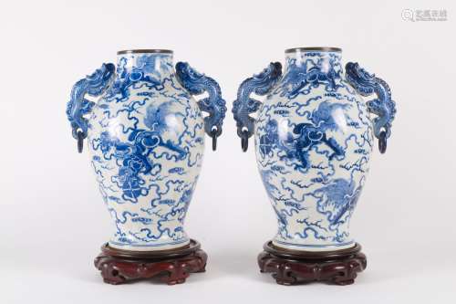 Two white and blue porcelain vases. China. 19th c