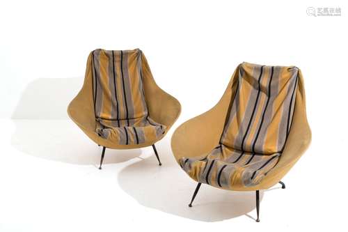 Two rare armchairs in yellow fabric. Italy. 1950s