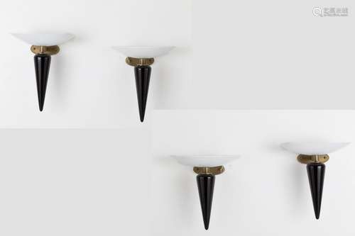 Four sconces in black glass and brass. 1970s