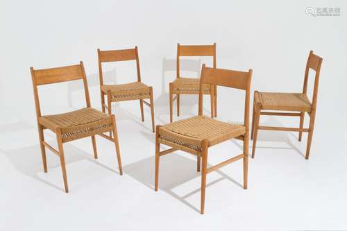 Five rattan chairs. Italy. 1950s