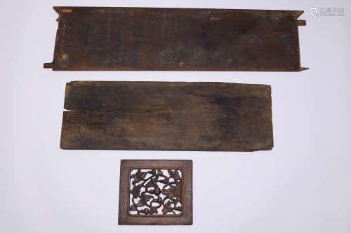 清早期 黄花梨装芯板、朱漆门板、镂空缠枝葫芦纹花板一组（3件）