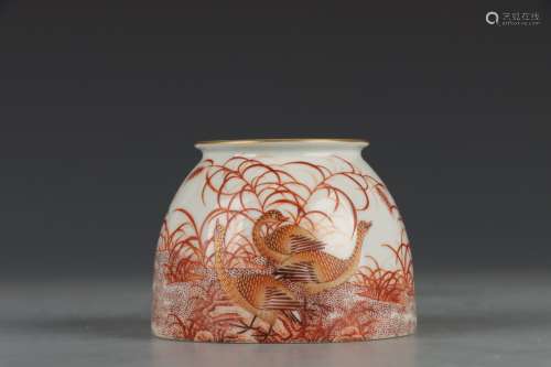 AN IRON-RED-GLAZE FLOWERS AND BIRDS WASHER
