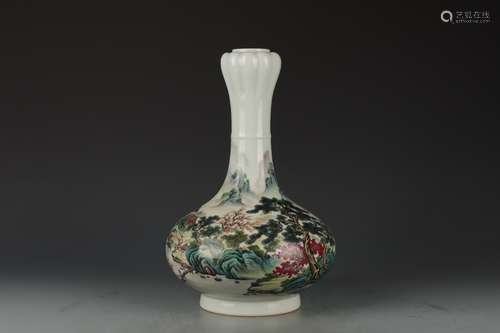 A FAMILLE ROSE LANDSCAPE GARLIC-HEAD-SHAPED BOTTLE VASE