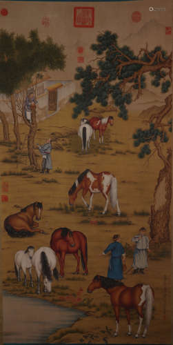 CHINESE HORSE GROUP AND FIGURE PAINTING, LANG SHINING MARK