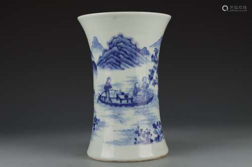 A BLUE AND WHITE FIGURE SAILING BEAKER VASE