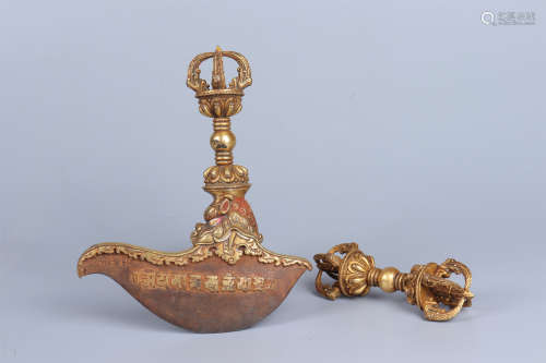 TWO GILT BRONZE BUDDHIST IMPLEMENTS