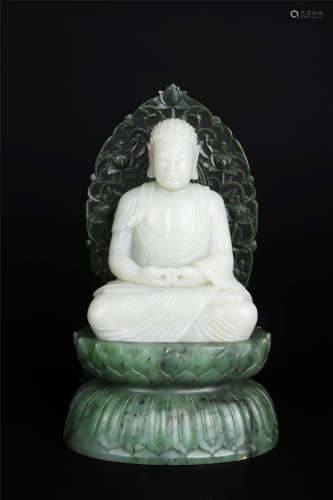 A CARVED WHITE JADE BUDDHA STATUE AND SPINACH-GREEN JADE HAL...