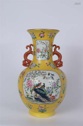 A YELLOW-GROUND FAMILLE ROSE FLOWERS AND BIRDS GLOBULAR VASE