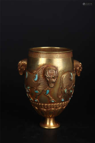 AN INLAID SILVER GILDING BRONZE DOUBLE-EARED STEM CUP