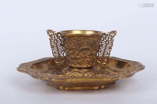 A GILT BRONZE DRAGON CUP AND CUP STAND
