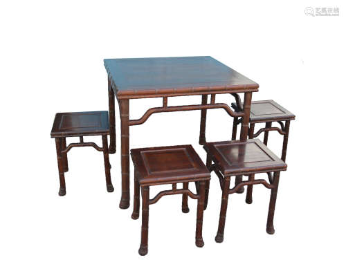 A SET OF HARDWOOD SQUARE TABLE AND FOUR CORNER-LEG CHAIRS