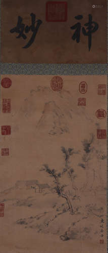 CHINESE LANDSCAPE AND PAVILION PAINTING AND TWO-CHARACTER CA...