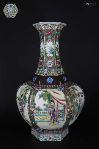 A FAMILLE ROSE FIGURE HEXAGONAL VASE