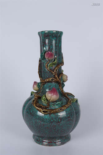 A LUJUN GLAZE APPLIQUE-DECORATED PEACH LOBED VASE