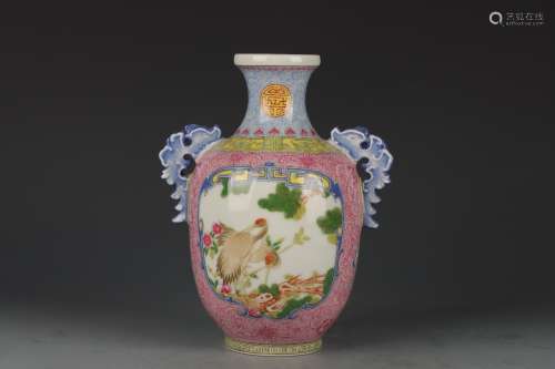 A RED-GROUND ENAMEL CRANE AND PINE DOUBLE-EARED VASE