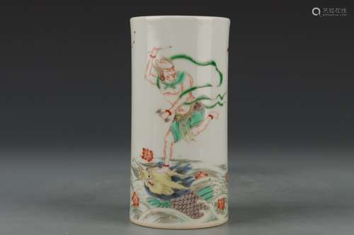 A GUCAI FIGURE AND DRAGON BRUSH POT