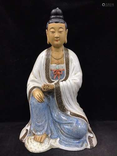 A FAMILLE ROSE POTTERY GUANYIN STATUE