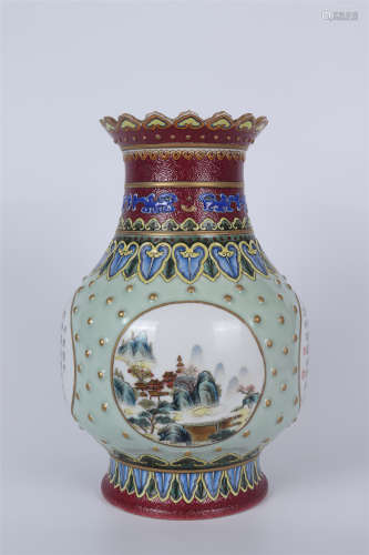 A FAMILLE ROSE LANDSCAPE AND RELIEF-DECORATED LOBED VASE