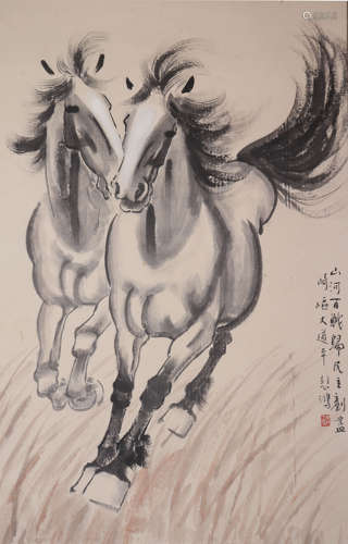 CHINESE HORSE GROUP PAINTING, XU BEIHONG MARK