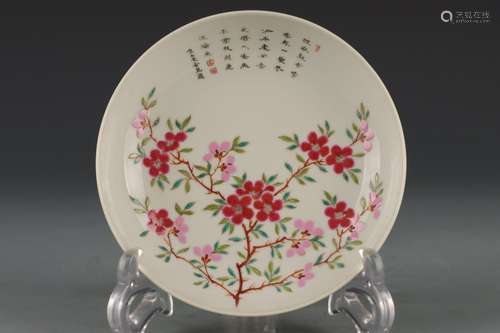 A FAMILLE ROSE FLOWERS AND INSCRIBED DISH