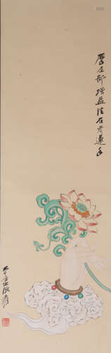 CHINESE BUDDHA’S HEAD AND LOTUS PAINTING, ZHANG DAQIAN MARK