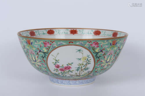 A GREEN-GROUND FAMILLE ROSE FLOWERS BOWL