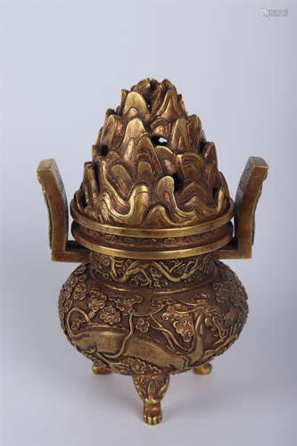 A GILT BRONZE BOSHAN TRIPOD INCENSE BURNER