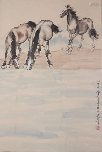 CHINESE HORSE GROUP PAINTING, XU BEIHONG MARK