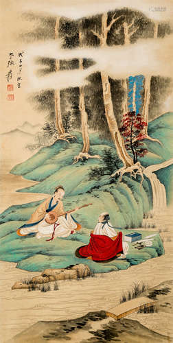 CHINESE SCHOLARS AND PINE PAINTING, ZHANG DAQIAN MARK