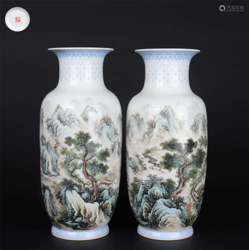 A PAIR OF FAMILLE ROSE MOUNTAINS AND PINE VASES