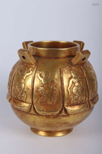 A GILT BRONZE FIGURAL FOUR-HOOKED POT