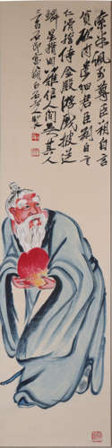 CHINESE DONGFANGSHUO AND PEACH PAINTING, QI BAISHI MARK