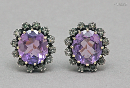 A pair of diamonds and rose de France cluster earrings