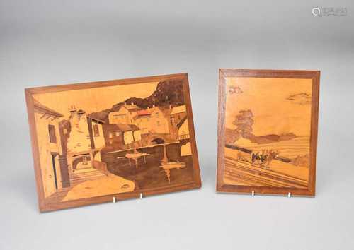 Four various marquetry landscape panels