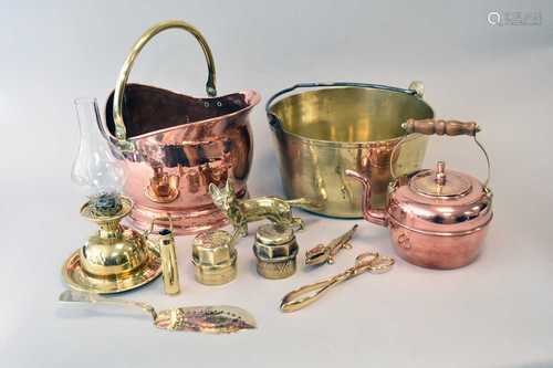 A group of copper and brassware