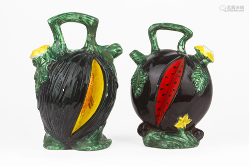 A pair of mid 20th century Valencian botijo earthenware