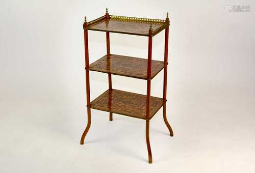 A French marquetry, three-tier etagere