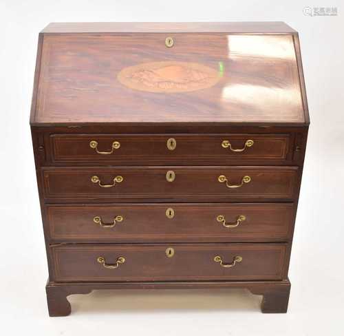 George III mahogany bureau, later inlaid and stamped Edwards...