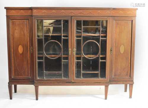 An Edwardian, inlaid breakfront bookcase/display cabinet