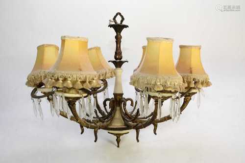 A gilt metal and alabaster six-light chandelier