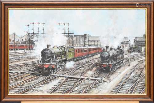 Bernard Jones (active circa 1996), two steam locomotives pul...